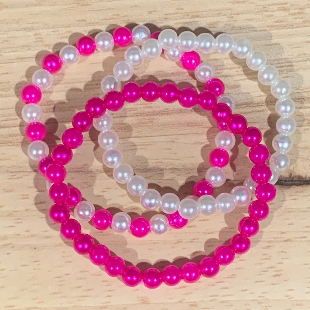 Hand Crafted Pink and White Bracelet Set Of 3 Faux Pearl‎ Beaded Stretch Barbie